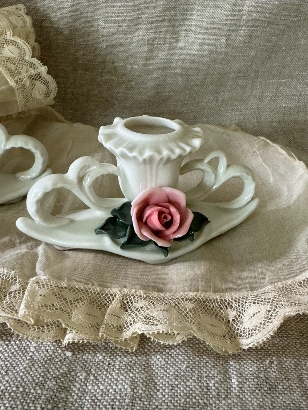 Karl Ens Germany vintage pink roses porcelain candleholders